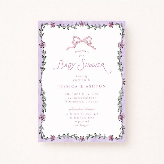 Invitation Whimsical Purple Floral Frame Baby Shower