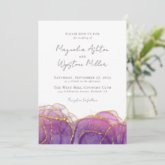 Invitation Whimsical Purple Gold tout en un seul Mariage (Debout devant)