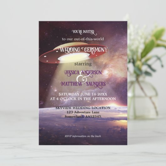 Invitation Whimsical QR Code Sci-fi UFO Space Mariage (Debout devant)