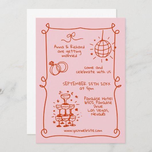 Invitation Whimsical Quirky DoodFrame Français Mariage rose (Devant / Derrière)