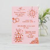 Invitation Whimsical Quirky Doodle amusant rose Mariage rouge (Debout devant)