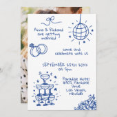 Invitation Whimsical Quirky French Doodle photo Mariage bleu (Devant / Derrière)