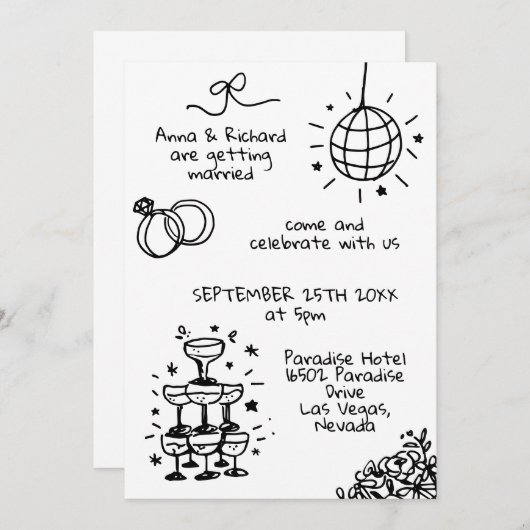 Invitation Whimsical Quirky Fun Doodle Mariage illustré (Devant / Derrière)