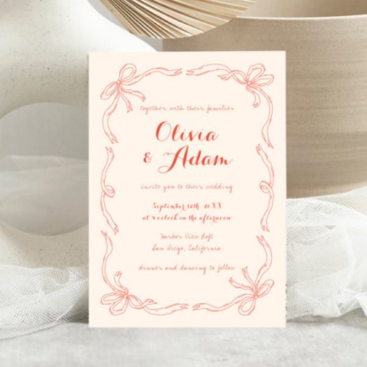 Invitation Whimsical Quirky Main tiré Orange Bow Mariage