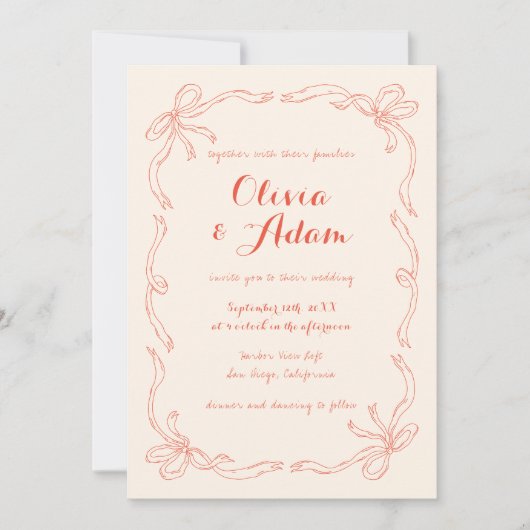 Invitation Whimsical Quirky Main tiré Orange Bow Mariage (Devant)