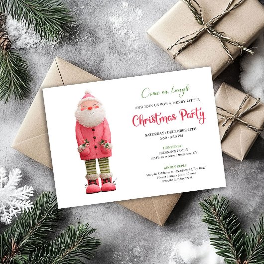 Invitation Whimsical Quirky Pink Santa Festive Party Design