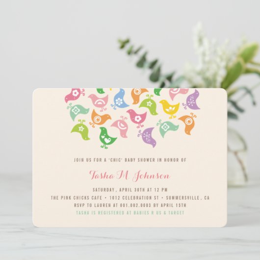 Invitation Whimsical Rainbow Chicks Moderne Baby shower chic (Debout devant)