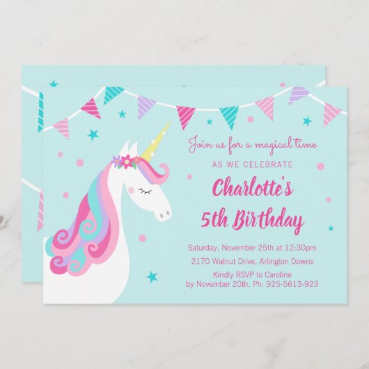 Invitation Whimsical Rainbow Unicorn Aqua 5e anniversaire (Devant / Derrière)