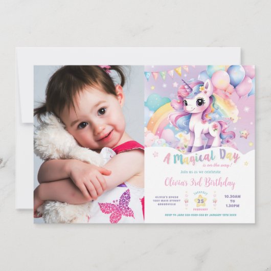Invitation Whimsical Rainbow Unicorn Magique Anniversaire Pho (Devant)
