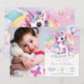 Invitation Whimsical Rainbow Unicorn Magique Anniversaire Pho (Devant / Derrière)