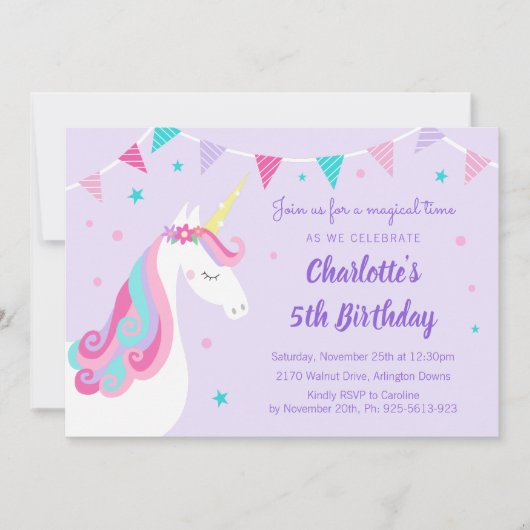 Invitation Whimsical Rainbow Unicorn Purple 5e anniversaire (Devant)