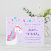 Invitation Whimsical Rainbow Unicorn Purple 5e anniversaire (Debout devant)