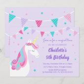 Invitation Whimsical Rainbow Unicorn Purple 5e anniversaire (Devant / Derrière)