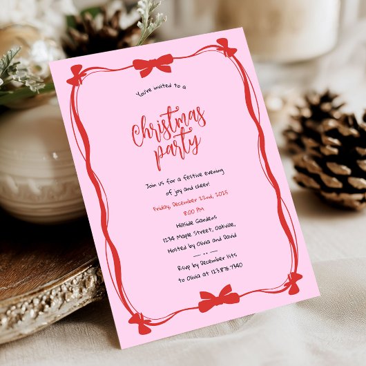 Invitation Whimsical Red and Pink Bow Christmas Party