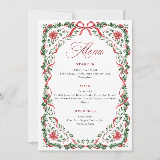 Invitation Whimsical Red Bow Printable Christmas Menu Card (Devant)