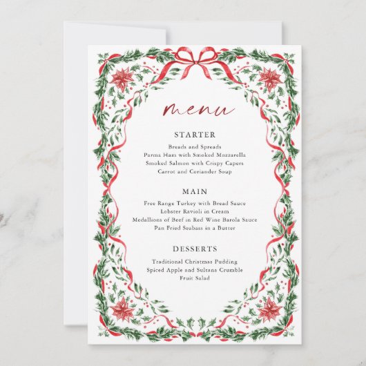 Invitation Whimsical Red Bow Printable Christmas Menu Card (Devant)