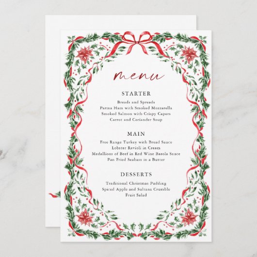 Invitation Whimsical Red Bow Printable Christmas Menu Card (Devant / Derrière)