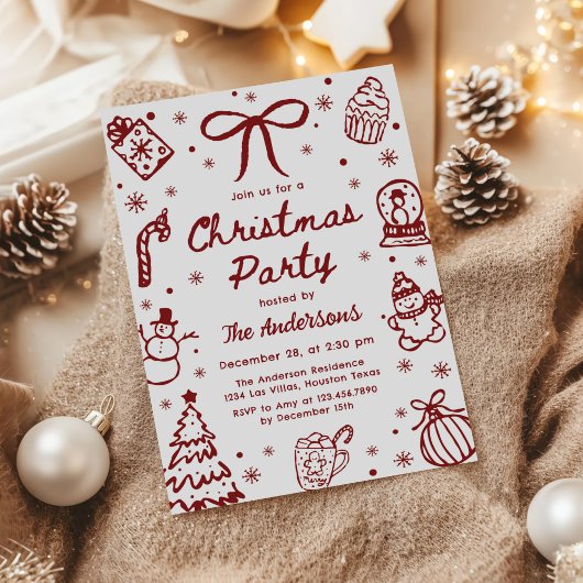 Invitation Whimsical Red Hand Drawn Quirky Christmas Party