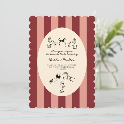 Invitation Whimsical Red Pink Striped Scribble Bachelorette (Debout devant)