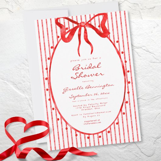 Invitation Whimsical Red Watercolor Bow Stripe Bridal Shower