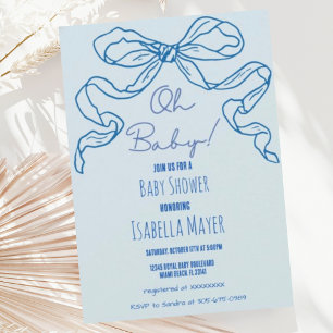 Invitation Whimsical Retro Bleu Main Tirée Bow Oh Baby shower