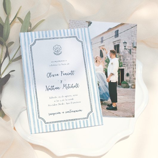 Invitation Whimsical Retro Blue Stripes Spanish Wedding