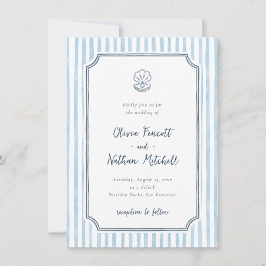 Invitation Whimsical Retro Blue Stripes Wedding (Devant)
