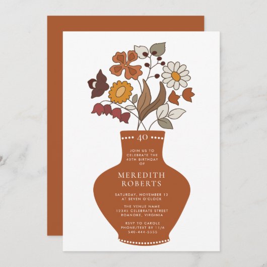 Invitation Whimsical Retro Boho Floral 40e anniversaire (Devant / Derrière)