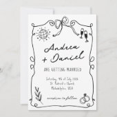 Invitation Whimsical Romantic Main dessinée noir blanc Mariag (Devant)