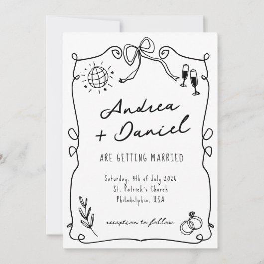 Invitation Whimsical Romantic Main dessinée noir blanc Mariag (Devant)