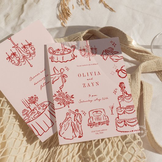 Invitation Whimsical Romantic Main Tirée Mariage Rouge Invite