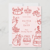 Invitation Whimsical Romantic Main Tirée Mariage Rouge Invite (Devant)