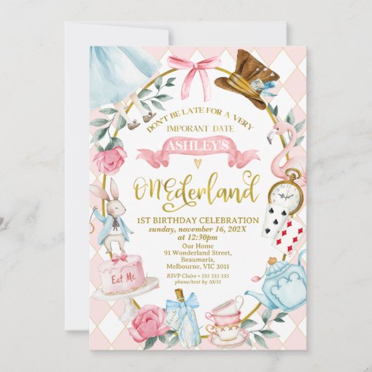 Invitation Whimsical Rose Bow Alice Onederland 1er anniversai (Devant)