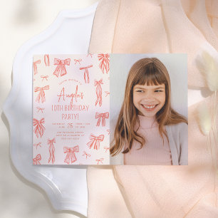 Invitation Whimsical Rose Bow Girl Photo Anniversaire