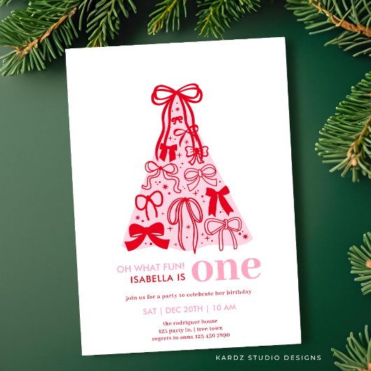 Invitation Whimsical Rose Bow Tree Girl 1er anniversaire