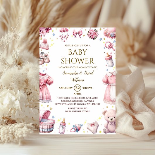 Invitation Whimsical rose Élégant Baby shower Floral Girl