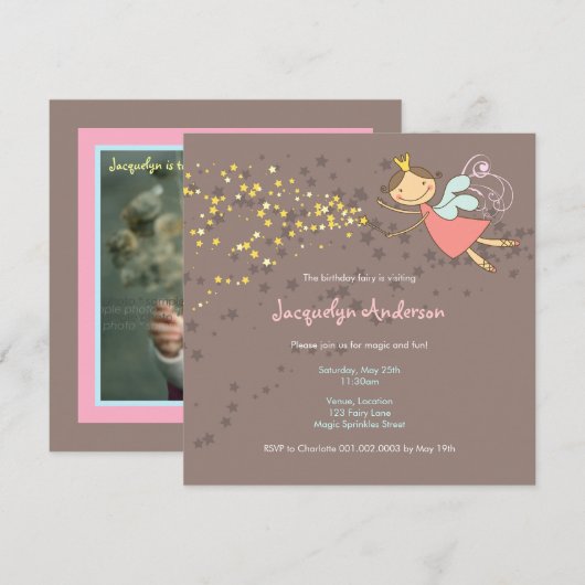Invitation Whimsical Rose Fairy Princess Stars Fille Annivers (Devant / Derrière)