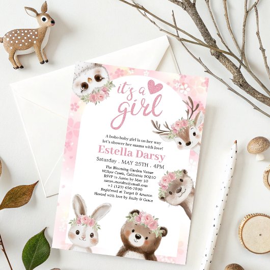 Invitation Whimsical rose floral Baby shower de fille de bois