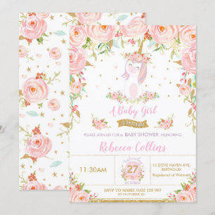 Invitation Whimsical rose floral Unicorn Baby shower fille