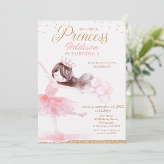 Invitation Whimsical rose or Ballerina Princess Anniversaire (Debout devant)