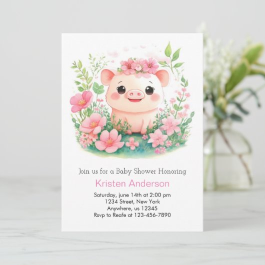 Invitation Whimsical rose Piglet Aventure Baby shower fille (Debout devant)