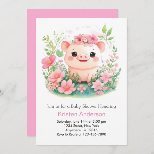 Invitation Whimsical rose Piglet Aventure Baby shower fille (Devant / Derrière)