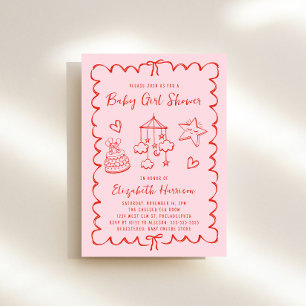 Invitation Whimsical rose rouge Wavy Frame Baby Girl Douche