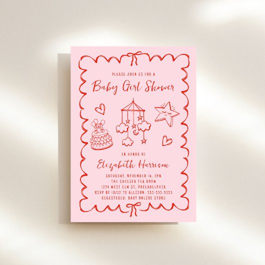 Invitation Whimsical rose rouge Wavy Frame Baby Girl Douche