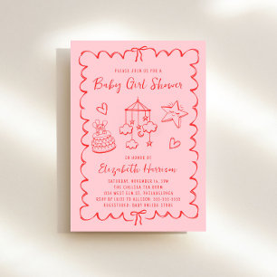 Invitation Whimsical rose rouge Wavy Frame Baby Girl Douche