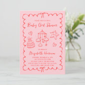 Invitation Whimsical rose rouge Wavy Frame Baby Girl Douche (Debout devant)