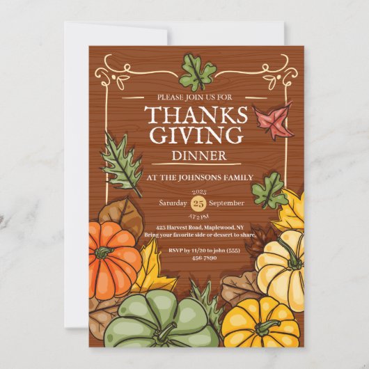 Invitation Whimsical Rustic Thanksgiving Dinner Pumpkin Fall (Devant)
