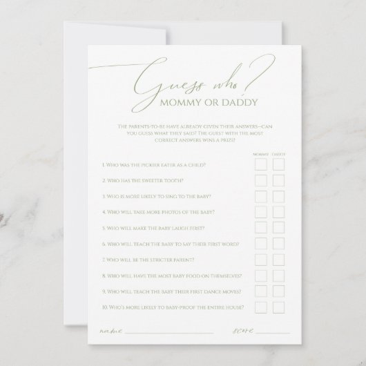 Invitation Whimsical Sage Green Devine Qui Maman Ou Papa Cart (Devant)