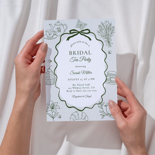 Invitation Whimsical Sage Hand Drawn Tea Party Bridal Shower