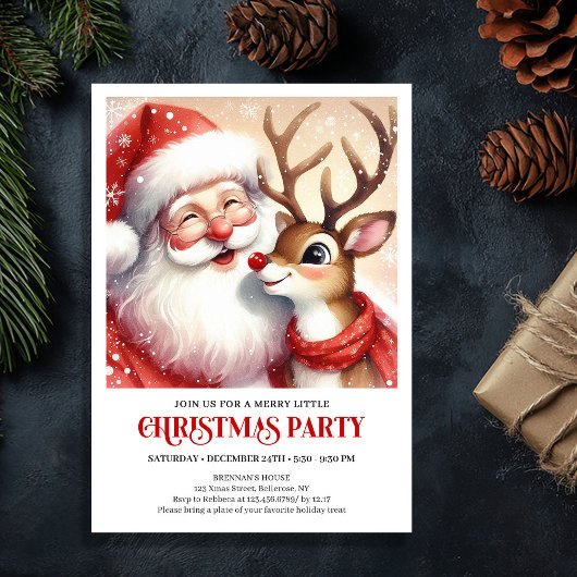 Invitation Whimsical Santa Rudolph Holiday Celebration Invite